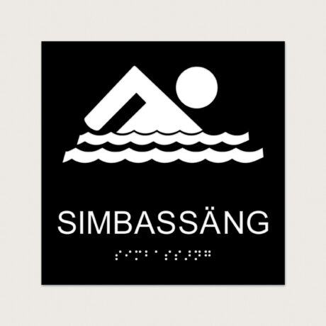 Taktilt Piktogram med text Simbassäng svart raka hörn